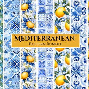 Lot de motifs sans couture aquarelle, côte amalfitaine, carreaux bleus et blancs, clipart méditerranéen, citrons aquarelles, usage commercial