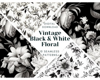 Vintage Black and White Floral Pattern: Seamless PNG Bundle (Commercial Use)