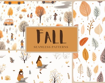 Patrones vintage sin costuras de otoño: Paquete PNG otoñal dibujado a mano (descarga digital)