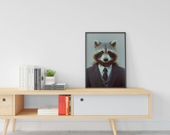 Racoon Suit Poster, Racoon Gent,Dapper Safari Suit Poster, For Boys, For Him, Room Decor