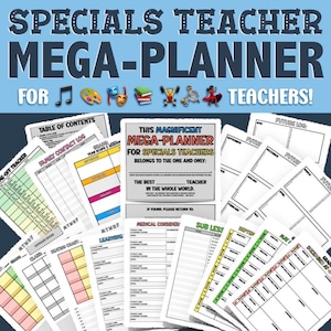 May include: A colourful printable planner for specials teachers. The planner includes a table of contents, family conduct log, year scope and schedule, medical reminder, sub lesson, and future log pages. The planner is titled "This Magnificent Mega-Planner for Specials Teachers."