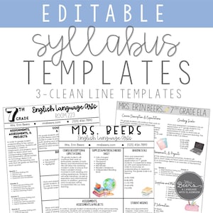 May include: Three editable syllabus templates for 7th grade English Language Arts, featuring black text on white backgrounds. The documents include sections for course descriptions, grading scales, supplies, and assignments for Mrs. Erin Beers.