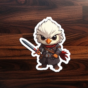 Adorable pegatina de pollo ninja: gallina de dibujos animados juguetona con espada katana, estilo animado, decoración de guerrero ninja, espada, armadura, listo para luchar