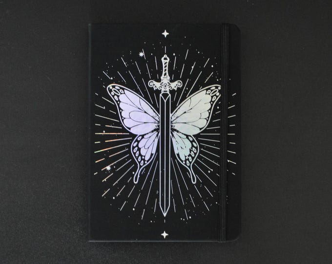 Featured listing image: Holo Butterfly Sword Dot Grid Black Journal - Black Paper