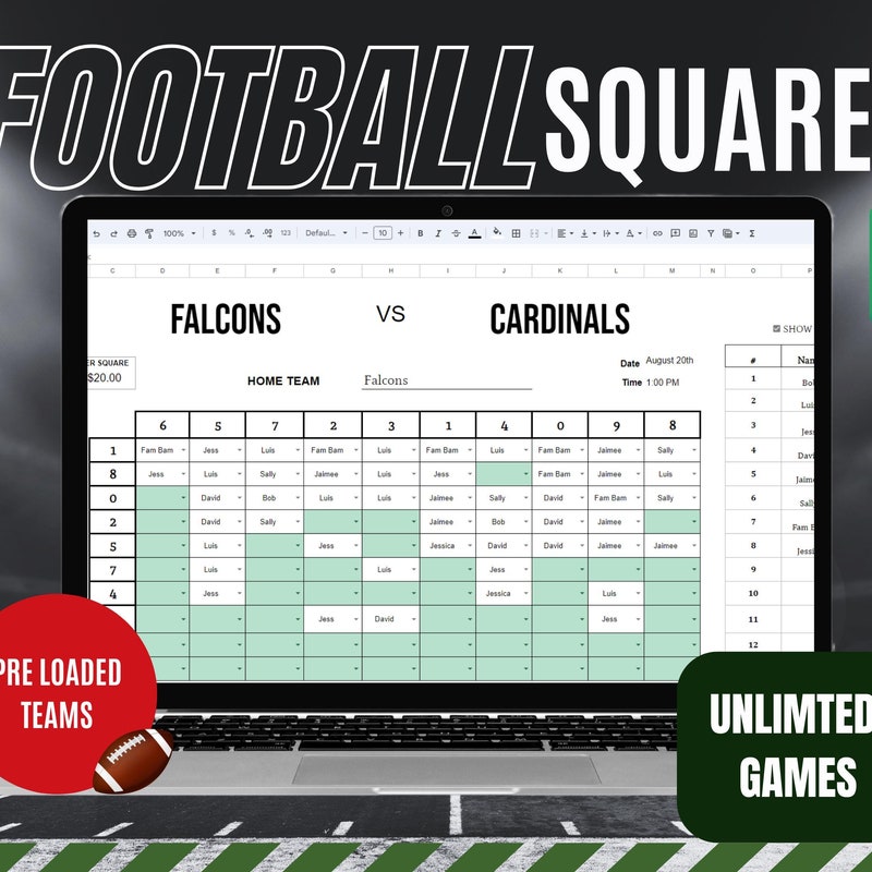Football Squares Sheet Etsy