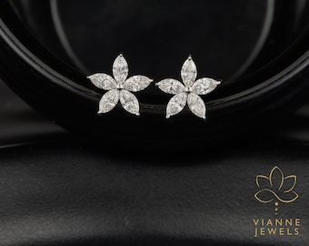 Lab-Grown Diamond Flower Earrings 1.20 TCW Marquise Cut in 14K White Gold | Fine Jewelry