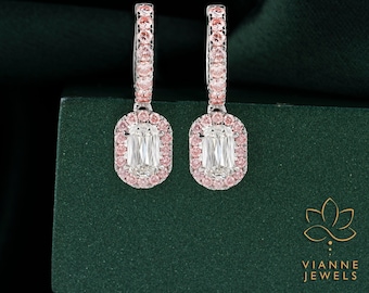 Radiant Cut Pink Lab-Grown Diamond Halo Earrings | 14K White Gold