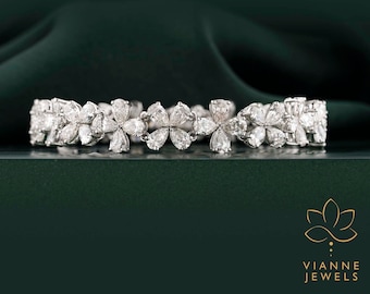 10.73 TCW Pear Cut Lab-Grown Diamond Flower Bracelet | Gold Statement Bracelet | Luxury Fine Jewelry