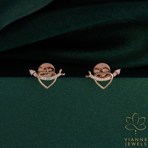 0.05 TCW Round Cut Lab Grown Diamond Earrings in Rose Gold Cupid&#39;s Arrow Heart Studs