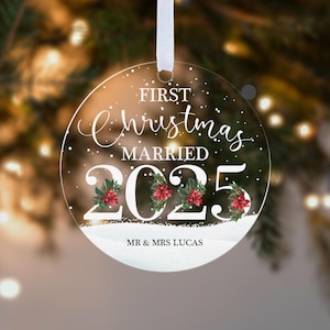 Personalised First Christmas Married 2025 Decoration, Custom Mr & Mrs Tree Ornament Keepsake Gift Acrylic Bauble, Couples, Husband And Wife