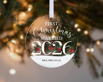 Personalised First Christmas Married 2026 Decoration, Custom Mr & Mrs Tree Ornament Keepsake Gift Acrylic Bauble, Couples, Husband And Wife