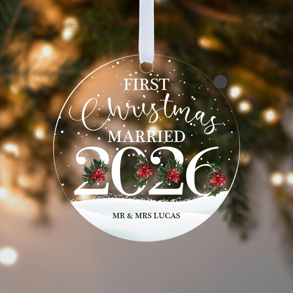 Personalised First Christmas Married 2026 Decoration, Custom Mr & Mrs Tree Ornament Keepsake Gift Acrylic Bauble, Couples, Husband And Wife