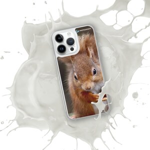 Puede incluir: Una funda transparente para teléfono con una imagen de una ardilla roja. La ardilla está mirando a la cámara y tiene las patas levantadas hacia la boca. La funda tiene un borde blanco y el texto "PHOTOSHOOTY" en la esquina superior derecha.