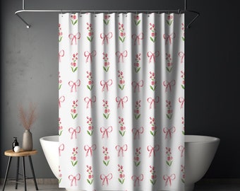 Coquette Shower Curtain Pink Bows Shower Curtain Preppy Shower Curtain Cottagecore Shower Curtain Fabric Shower Curtain Coquette Bathroom