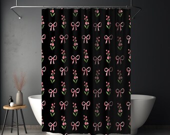 Dark Coquette Shower Curtain Pink Bows Shower Curtain Preppy Shower Curtain Cottagecore Shower Curtain Fabric Shower Curtain Coquette Bath