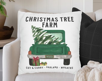 Green Vintage Christmas Pillow Cover Vintage Christmas Tree Old Green Truck Pillow Retro Green Christmas Print Retro Christmas Aesthetic