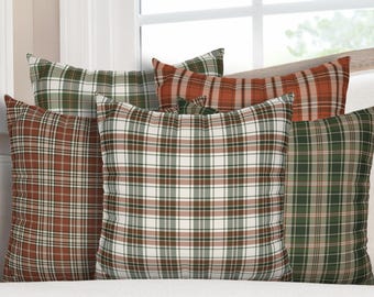 Green Plaid Pillow Cover | Fall Throw Pillow | Green Tartan Cushion Cover | Green and Orange Plaid Pillow | Plaid Thanksgiving Decor