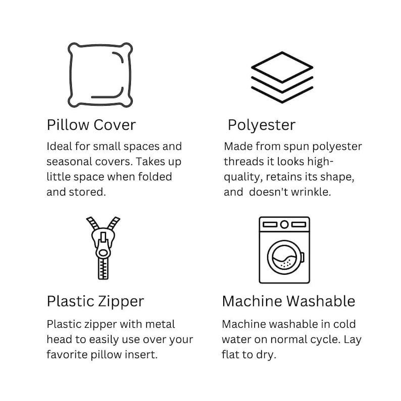 May include: Black and white line art illustrations of a pillow cover, a stack of fabric, a zipper, and a washing machine. The text below each image describes the features of a pillow cover: ideal for small spaces, made from polyester, has a plastic zipper, and is machine washable.