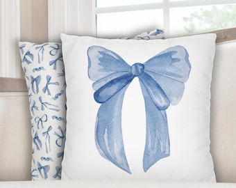 Blue Coquette Bow Pillow Cover Preppy Aesthetic Blue Girls Room Decor Blue Bow Pillow for Dorm Roommate Gift Preppy Style Pillowcase Blue