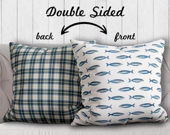 Sardine Pillow Cover Fisherman Aesthetic Pillow Blue Fish Pillow Beach House Pillow Coastal Pillow Lake House Pillow Boy's Room Decor Fish