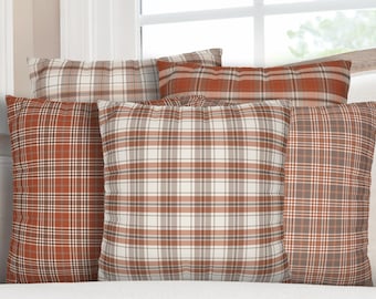Taupe Orange Plaid Pillow Cover | Fall Farmhouse Throw Pillow | Taupe Tartan Cushion Cover | Rustic Cabin Decor | Thanksgiving Home Decor
