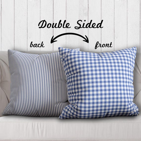 Light Blue Gingham Pillow Cover Blue Ticking Stripe Pillow Blue