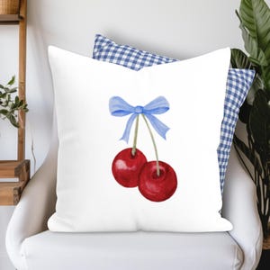 Cherry Pillow Cover For Girls Room Watercolor Cherry Decor for Dorm Room Coquette Cherry Decor Blue Bow Cherry Pillow Pink Bow Cherry Pillow
