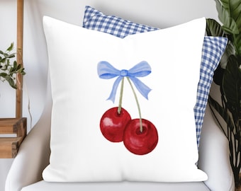 Cherry Pillow Cover For Girls Room Watercolor Cherry Decor for Dorm Room Coquette Cherry Decor Blue Bow Cherry Pillow Pink Bow Cherry Pillow