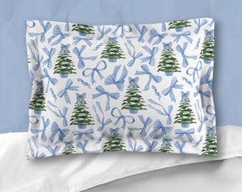 Blue Bow Christmas Pillow Sham Blue Coquette Christmas Pillow Sham Blue Bow Christmas Bedding Blue Christmas Bedding Blue Girl Room Holiday