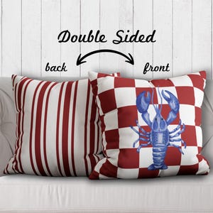 Reversible Lobster Pillow Cover: Red Nautical Stripe & Watercolor Design