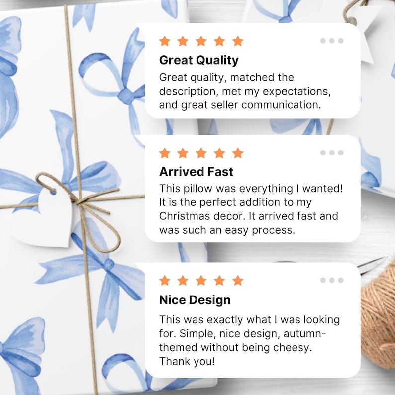 May include: Three customer reviews for a pillow with a blue and white design. The reviews are titled "Great Quality", "Arrived Fast", and "Nice Design". Each review has a five-star rating and includes a positive comment about the product.