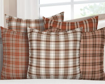 Brown Orange Plaid Pillow Cover | Fall Farmhouse Throw Pillow |Brown Tartan Cushion Cover | Rustic Cabin Decor | Thanksgiving Home Decor