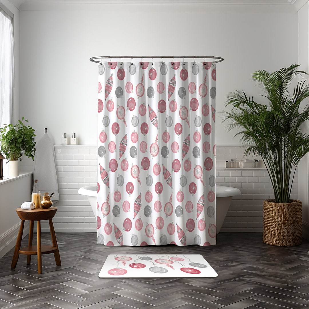 Pink Vintage Glass Ornament Christmas Shower Curtain Pink Cottagecore Christmas Shower Curtain