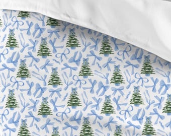 Blue Bow Christmas Duvet Cover Blue Coquette Christmas Duvet Blue Bow Christmas Bedding Blue and Green Christmas Bedding Girl Holiday Duvet