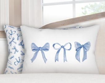 Blue Bow Pillow Blue Coquette Pillow Blue Bow Nursery Pillow Blue Bow Dorm Pillow Blue Bows Lumbar Pillow Blue Bow Pillow for Girl's Room