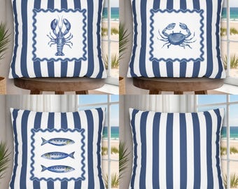 Coastal Pillow Cover Blue Summer Pillow Amalfi Coast Decor Sardine Decor Maine Lobster Decor Blue Crab Decor Nautical Fisherman Aesthetic