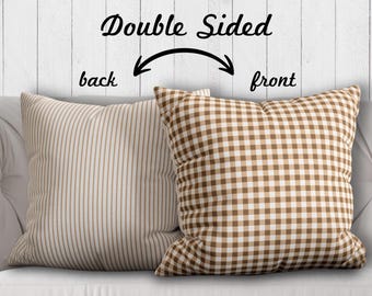 Tan Gingham Pillow Cover Tan Ticking Stripe Pillow Tan Farmhouse Pillow Tan Cottagecore Pillow Tan Grandmillennial Pillow Tan Nursery Decor