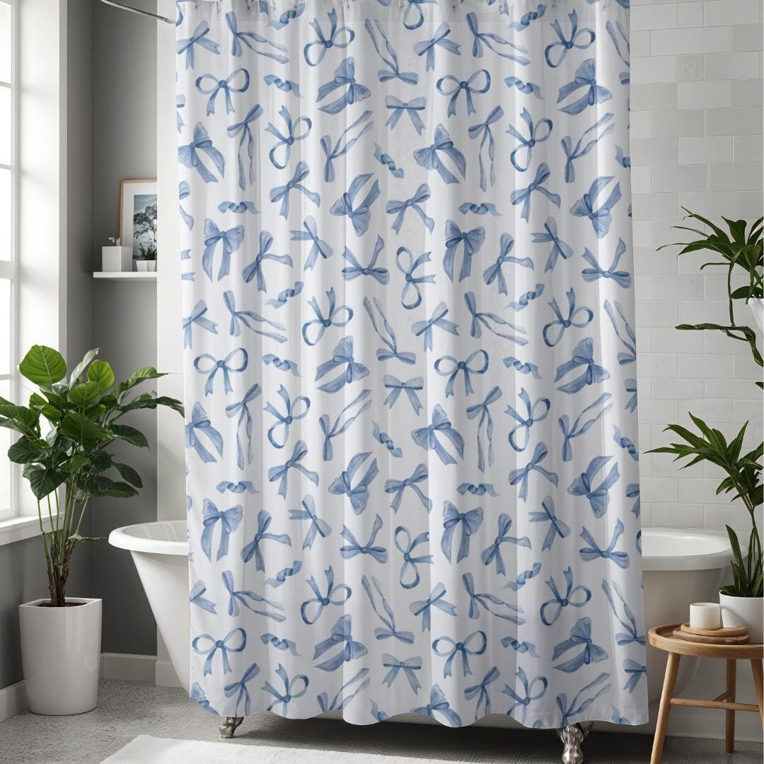 Blue Bow Shower Curtain Coquette Shower Curtain Preppy Shower Curtain