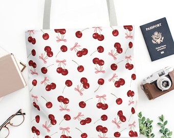 Coquette Tote Bag Cherry Tote Bag Pink Bows Tote Bag Preppy Tote Bag Coquette Book Bag Cherries Book Bag Pink Bows Book Bag Preppy Cherry