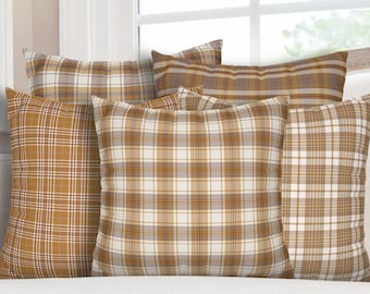 Fall Pillow Cover | Taupe & Gold Plaid Pillow Cover | Gold Tartan Cushion Cover | Harvest Gold Pillow Cover | Thanksgiving Home Decor