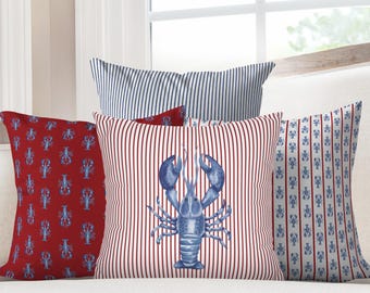 Coastal 4th of July Pillow Covers Red White and Blue Pillow Set Lobster Beach House Decor Summer Pillow Cover Blue Lobster Decor
