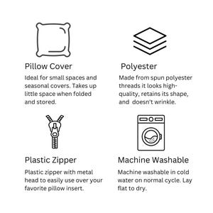 May include: Black and white line art illustrations of a pillow cover, a stack of fabric, a zipper, and a washing machine. The text below each image describes the features of a pillow cover: ideal for small spaces, made from polyester, has a plastic zipper, and is machine washable.