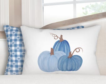 Blue Fall Pillow Fall Blue Pillow for Girls Room Fall Blue Pumpkin Pillow Blue Gingham Pillow for Fall Blue Lumbar Pillow for Nursery Fall
