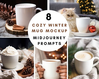 Midjourney Prompt bundle for blank white ceramic Christmas MUG mockup, Best Midjourney cozy winter coffee mug mockup Prompt for POD designs