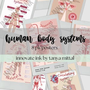 Esthetische afdrukbare posters menselijke lichaamssystemen (8pk) educatieve kunst aan de muur, posterkaart wetenschap klaslokaal, lesmateriaal