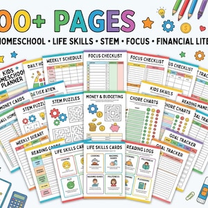 Puede incluir: Una colección de páginas educativas imprimibles titulada 500+ PAGES KIDS HOMESCHOOL LIFE SKILLS STEM FOCUS FINANCIAL LITERACY. Las hojas presentan gráficos coloridos, tablas y texto que incluye Focus Checklist, Money & Budgeting y Life Skills Cards.