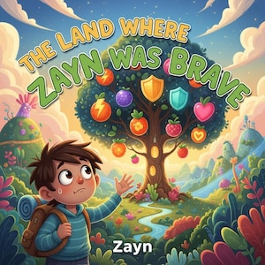 Puede incluir: Una portada de libro infantil titulada THE LAND WHERE ZAYN WAS BRAVE que muestra a un personaje joven de pelo castaño con un suéter de rayas azules y una mochila. Un gran árbol con frutos coloridos en forma de corazones y escudos.