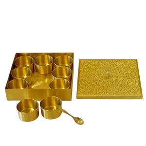 Spice Box Brass Indian Handmade 9 Bowl 1 Box 1 Spoon Kitchen Storage Masala Dabba Decorative Box Containers Bohemian square Box Gift For you