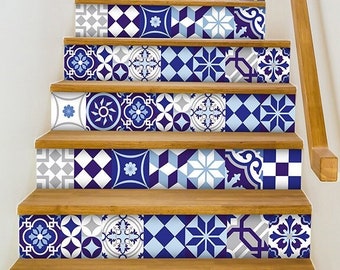 Kit 48 Pcs Geometric Blue Tyle Stickers | Tile Decor for home | Fresh Tile Style for wall Stairs and Furniture Decoration