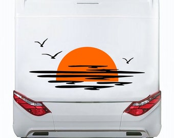 Kit Caravan Zonsondergang tussen wolken en vogels | Stickersset voor camper of caravan autodecoratiestickers | Camper zelfklevende decorset